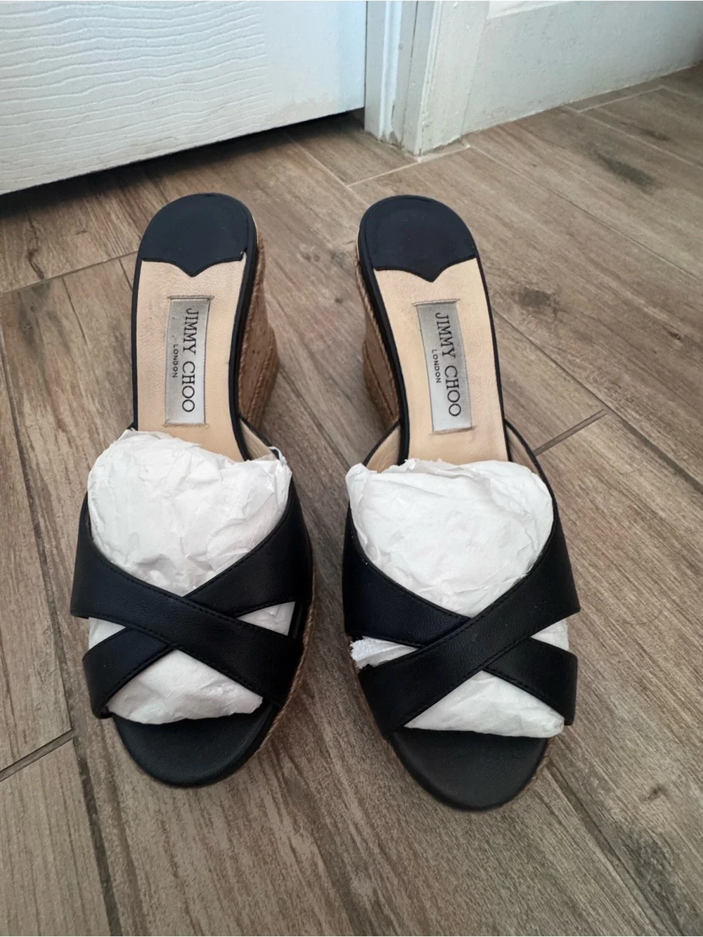 Jimmy Choo Black Leather Almer Wedge Sandals size 39.5